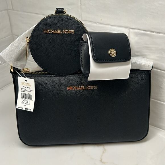 Michael Kors Black Gold Hardware Jet Set Crossbody Bag Case for Apple Air pods - Picture 5 of 7